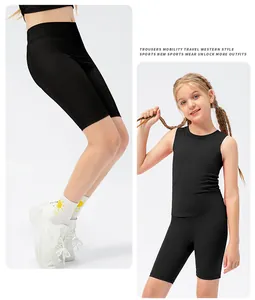 Detail view of high-elastic black kids' athletic tank top and biker shorts set