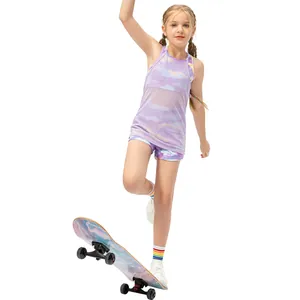 Girls 2-piece purple tie-dye sports vest and mesh top set for running and dance training