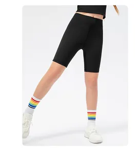 Close-up of girls black high-waisted athletic shorts with stretch fabric for sports