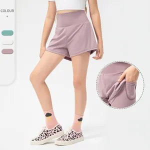 Girls Double Layered Sports Shorts High Waist Quick Dry Ice Silk Athletic Shorts With Pockets For Running Tennis Training Kids Breathable Activewear