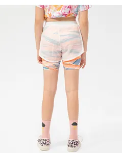 Rear view of girls active shorts with translucent white mesh and geometric printed inner layer