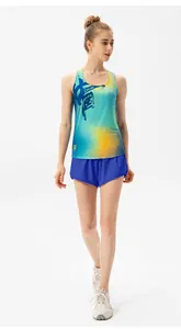 Close-up of women's marathon quick-dry tank top with gradient blue and green china print
