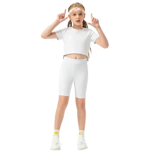 Girls white high-elastic two-piece sports set with cropped top and cycling shorts