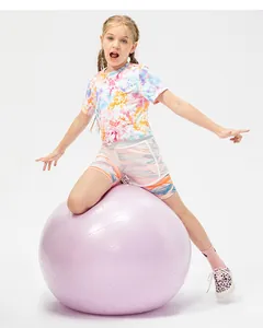 Detail showing girls tie-dye sportswear set with short sleeve t-shirt and printed shorts