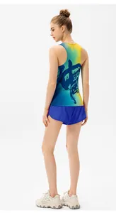 Detail of racerback vest with blue-yellow gradient and Chinese calligraphy print