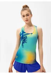 Detail of dry-fit running vest with blue-green gradient and China print art