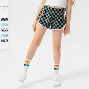 Girls Sports Shorts Checkerboard Polka Dot Nylon Spandex Elastic Waist Breathable Kids Athletic Dance Yoga Bottoms