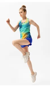 Running action shot of women's dry-fit vest and navy shorts with CHINA print logo