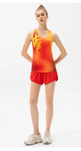 Detail of moisture-wicking marathon tank top with gradient orange design and China print