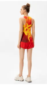 Rear view of quick-dry marathon vest with red-yellow gradient and China calligraphy print