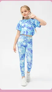 Girl's blue and white tie-dye sports set featuring fitted t-shirt and yoga leggings