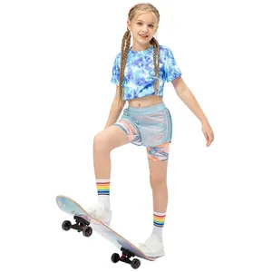 Girls' tie-dye blue crop top and double-layer shorts athletic set for yoga and dance