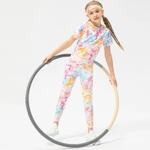 Girls 3-piece colorful tie-dye sports set with t-shirt, leggings and headband