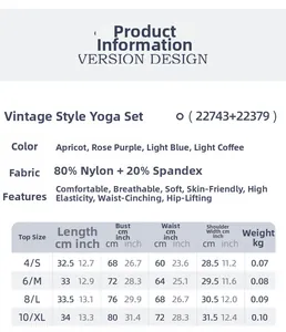 Size guide for Chinese style yoga set including sports bra and high waist leggings