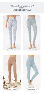 Farboptionen der High-Waist Yoga-Leggings mit floralen Mustern und Uni-Farbtönen