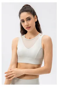 Detailansicht eines Yoga-BHs für Damen mit V-Ausschnitt, Mesh und breitem Gummiband