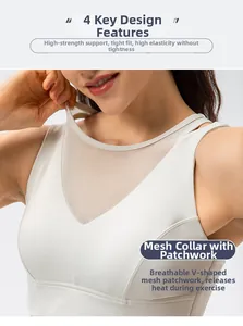 Detail view of breathable V-neck mesh splicing on high-impact sports bra in off-white color