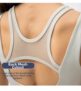 Detail of breathable mesh back cutout and stitching on the nude sports bra