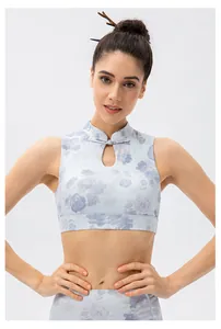 Detail of the mandarin collar and floral print on this blue Chinese style yoga bra