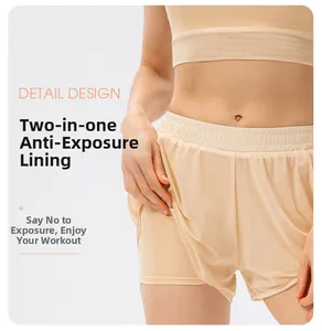 Vue détaillée du short de sport 2-en-1 avec doublure anti-exposition et tissu en maille