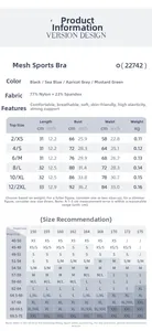 Size chart for breathable mesh yoga sports bra with measurements in cm and weight recommendations