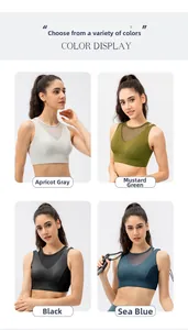 Collage of mesh paneled sports bras in apricot grey, olive green, black, and sea blue