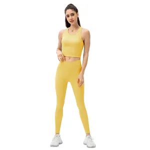Bright yellow high waist yoga leggings and sports vest set with V-shaped cross waist