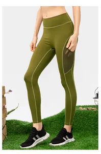 Olivgrüne Yoga-Leggings mit hoher Taille und Mesh-Seitentaschen für Fitnesstraining