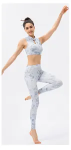 Detail of light blue floral yoga crop top with Chinese style frog button and stand collar