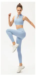 Detail of light blue yoga set with Chinese style mandarin collar and hollow-out vest