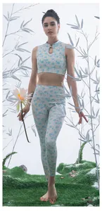 Close-up of yoga vest with traditional Chinese frog buttons and light blue floral print