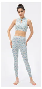 Close-up of floral yoga vest featuring unique Chinese style frog button and stand collar