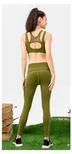 Detailed back view of olive green sports bra with mesh panel and cutout breathable design