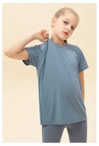 Detail of breathable gray-blue quick-dry sports t-shirt for girls with micro-mesh fabric