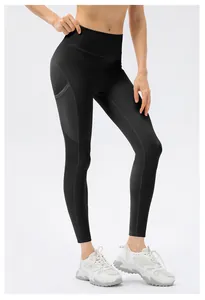 Detail von schwarzen High-Waist Yoga-Leggings mit Seitentasche und breitem Formbund für Sport