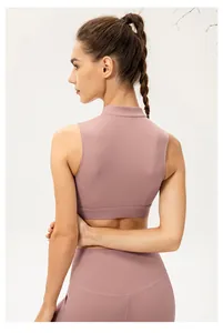 Detailed side view of high-neck yoga vest featuring traditional Chinese style knot buttons
