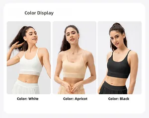Medium impact sports bra in white, apricot, and black with thin straps and wide hem
