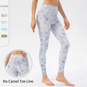 Damen Yoga-Leggings Mit Hoher Taille Blumenmuster Po-Lift Eng Sportlich Hose Chinesischer Stil Atmungsaktive Fitnesshose