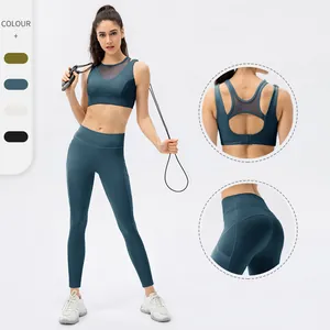 Damen Mesh Spleißen Yoga Set Hohe Taille Leggings Rückenschnalle Sport BH Fitness Laufen Training Oberteil Und Hose Outfit