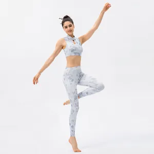 Damen Yoga-Set mit Blumenmuster, hoher Taille Leggings und Stehkragen-Crop-Top