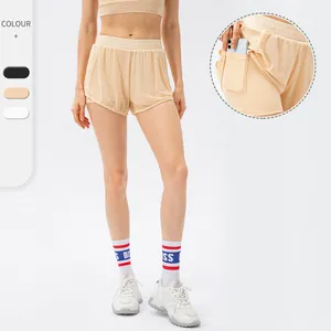 Short de Sport 2-en-1 en Maille pour Femmes Séchage Rapide Yoga Course à Pied Avec Poches Latérales Taille Haute Short de Fitness Ample