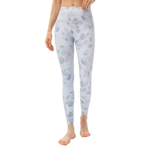 Damen Yoga-Leggings mit hoher Taille und hellblau-lila Blumenmuster für Fitness