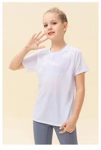 Detail of children's white breathable mesh T-shirt showing quick-dry fabric texture