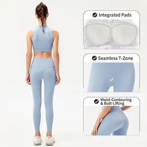 Blue yoga set featuring integrated chest pads and seamless t-zone high waist leggings