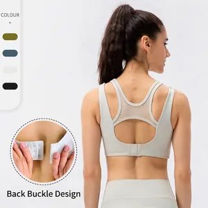 Women's Mesh Patchwork Sports Bra Back Buckle Yoga Vest Breathable Fitness Gym Top Nylon Spandex