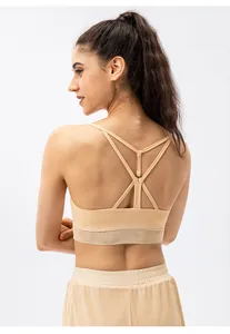 Detailed back view of beige yoga sports bra featuring criss-cross straps and mesh panels