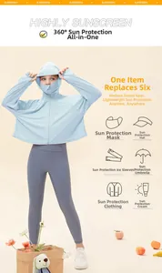 Détail de la veste de protection solaire bleu clair avec masque intégré et manches glace