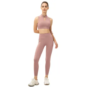 Women's rose pink yoga set with mandarin collar, frog button, and high waist leggings
