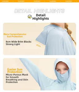 Détail veste solaire enfant avec bord de 8cm et masque facial en maille respirante
