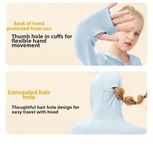 Détail de l'ouverture cachée pour cheveux et des passe-pouces sur la veste solaire enfant
